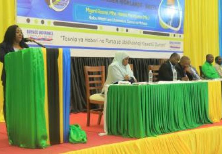 Ms. Consolata Mushi, the Executive Secretary of BAKITA, delivering a speech during the Fourth World Kiswahili Channels Conference.