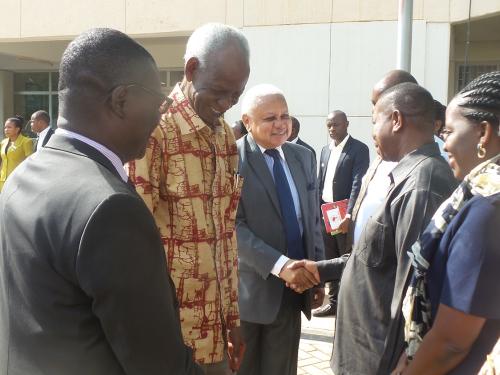 Hon. Joseph S. Warioba and Hon. Mohamed Chande Othman receiving a warm welcome to Sokoine University of Agriculture from Vice Chancellor Prof. Raphael Chibunda together with his entire Management team