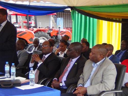 The Permanent Secretary (PS) in the Ministry of Finance and Planning, Mr  Doto James speaking during the handover ceremony of tractors to SUA